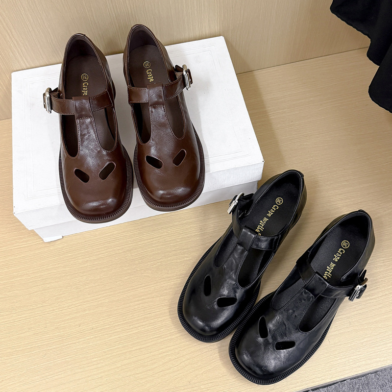 2025miu hogar hueco zapatos de cuero para mujeres 2024 nuevo estilo retro de estilo universitario zapatos de tacón grueso de Mary rara