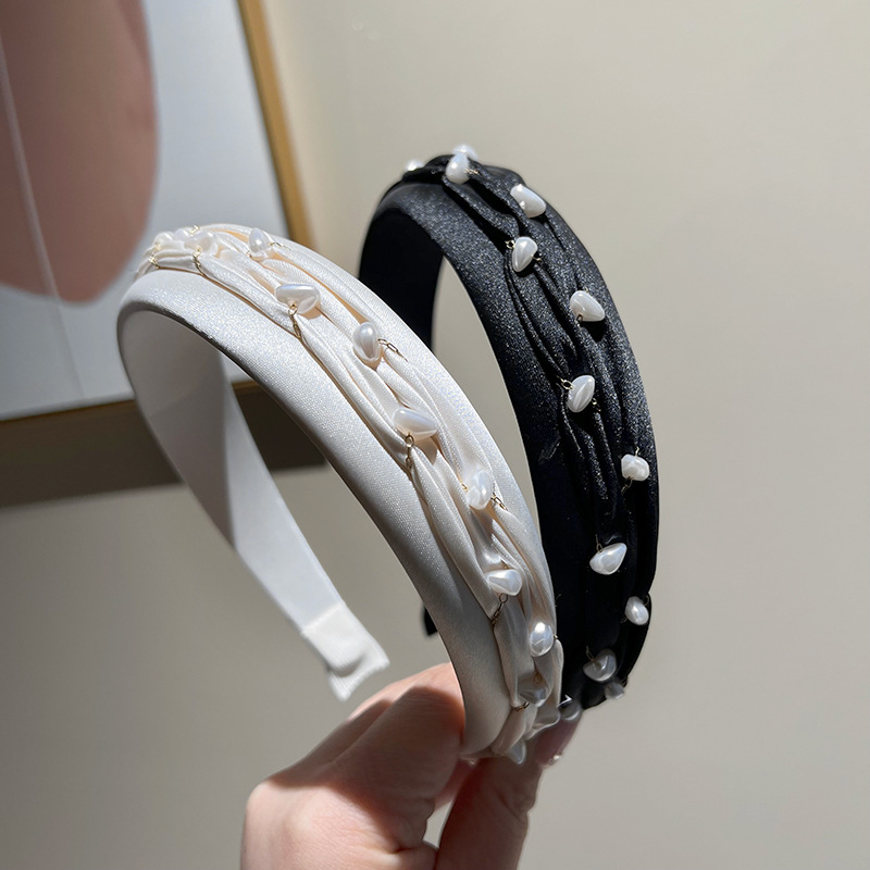 新款褶皺珍珠發箍簡約春夏高級感高顱頂編織頭箍洗臉發卡頭飾髮帶