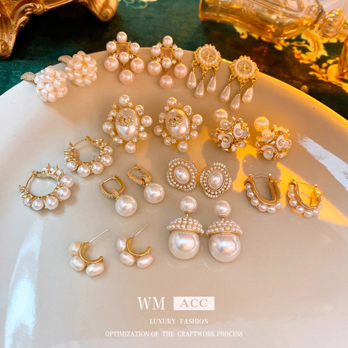 Real gold electroplated silver needle zircon double circle pearl oval earrings fashion retro light luxury temperament earrings new earrings