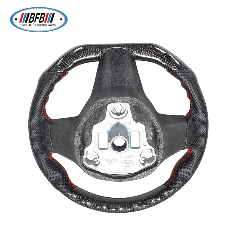 100% Real Carbon Fiber Glossy Black Perforated Steering Wheel Cover - For Tesla Model 3 Y - Red Leather Stitching Modification