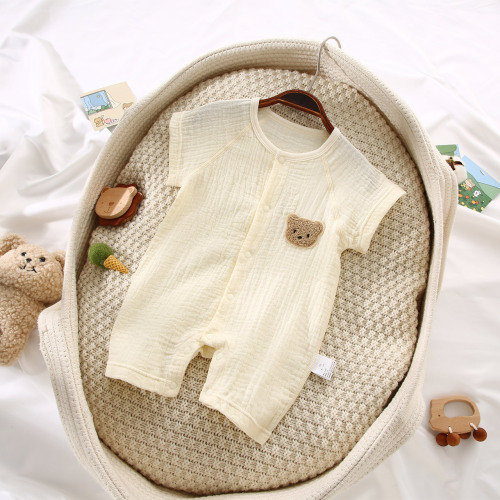 Newborn gauze short-sleeved shorts crawler suit single-breasted pure cotton boneless summer robe for men and women baby beige bear
