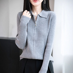 双拉链针织开衫女翻领毛衣外套女早秋季2025新款修身显瘦长袖上衣