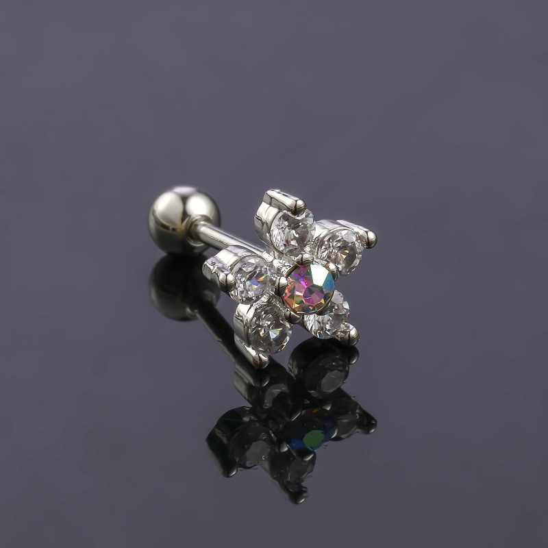 Stainless Steel Flower Stud Earrings For Men With Stone Inlay_voghion.com