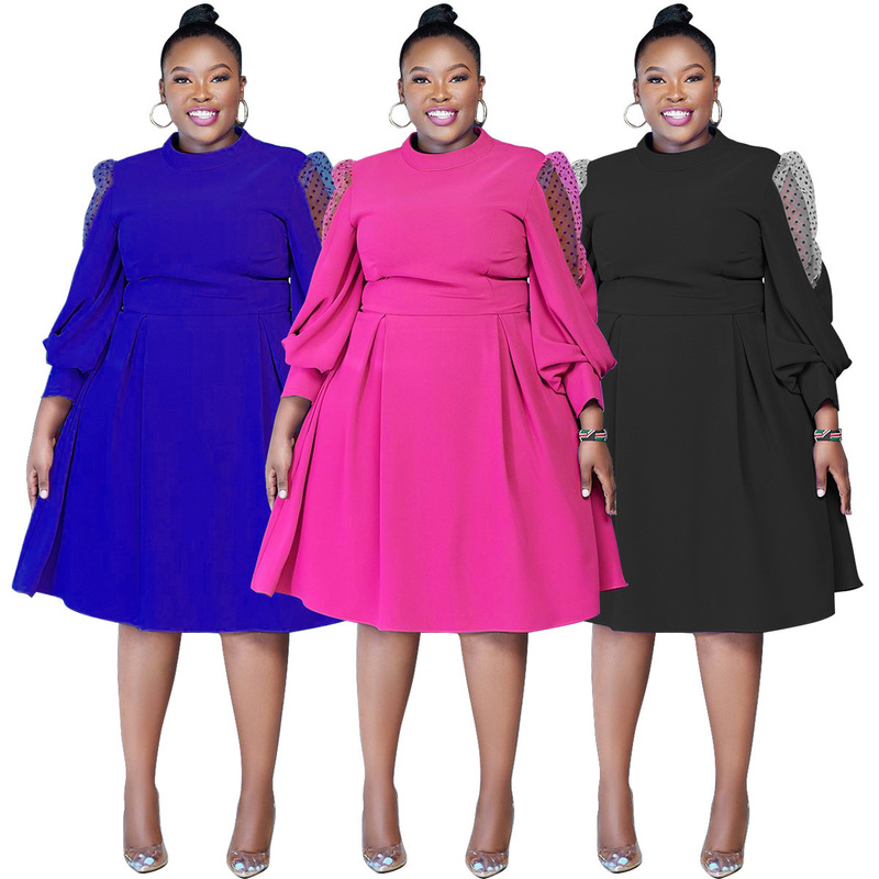 N8045 Amazon AliExpress autumn new wave dot mesh perspective lantern sleeve waist plus size dress