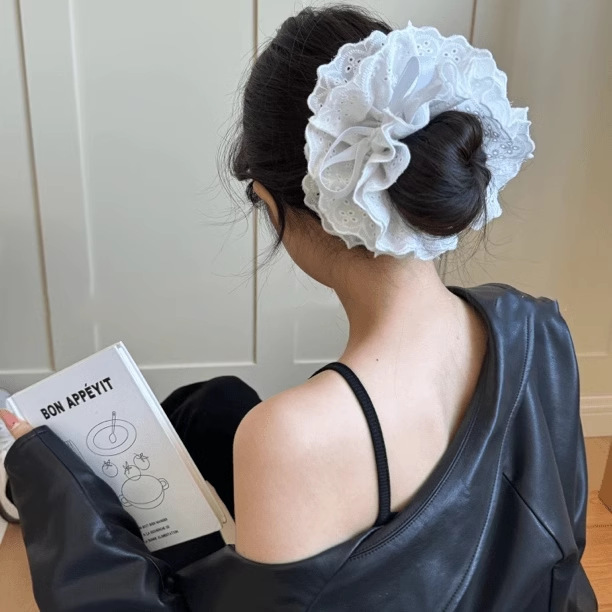 フレンチレトロな二層チェック柄レースの大きなヘアゴム、文学少女カレッジスタイルのヘアロープポニーテールヘッドロープ|undefined