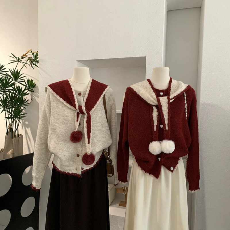 Christmas Outfit: Furry Ball Vest Knitwear for Women, Autumn and Winter Niche Design Shawl Sweater Top Two-Piece Set