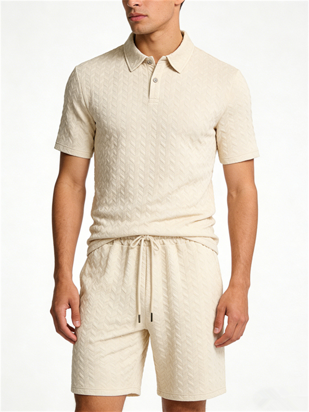 Men's Short Sleeve Polo Shirt Set Jacquard Design Comfort Fit Casual Summer Wear Breathable Polyester Fabric_viptrois.com