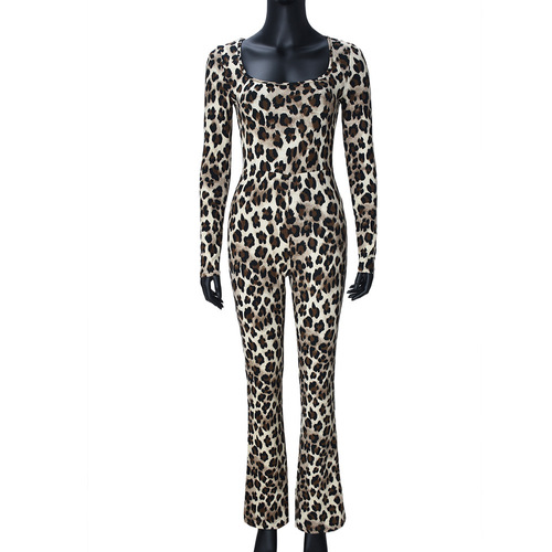 60015 Foreign Trade Cross-border Special Offer 2025 New Products Trendy Slim Hip-Close Square Collar Leopard Print Print European and American Jumpsuits