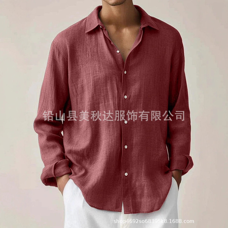 Cross-Border New Men's Casual Fashion Simple and Comfortable Solid Color Printed Lapel Long-Sleeved Men's Shirt