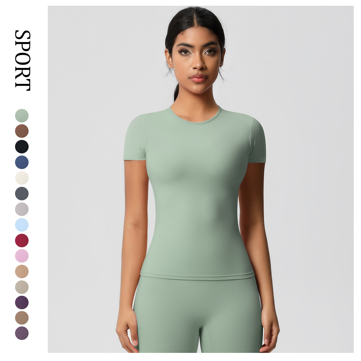 裸感磨毛紧身短袖T恤速干透气运动上衣瑜伽服户外休闲跑步健身服