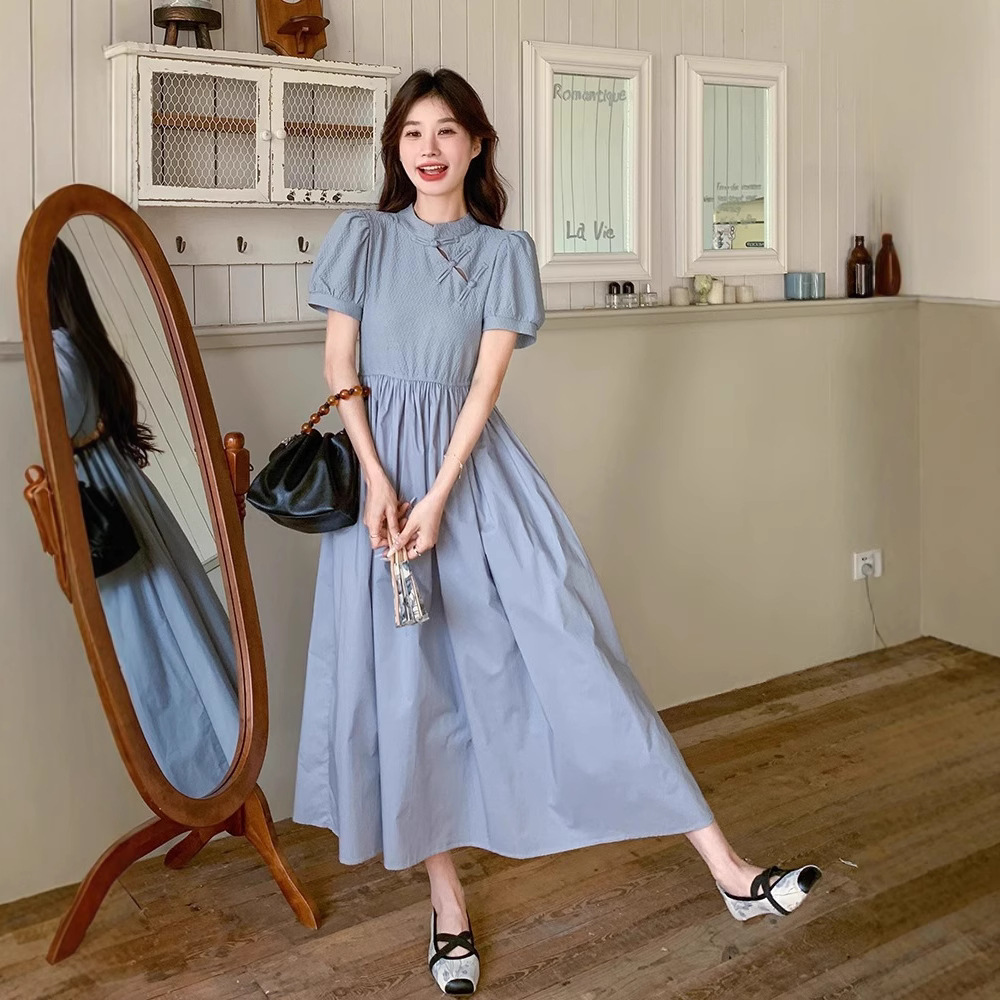 Blue Chinese Style For Women, Summer 2025 New Model, Improved Cheongsam, Elegant And Slimming Long A-line Dress_ecoleips.com