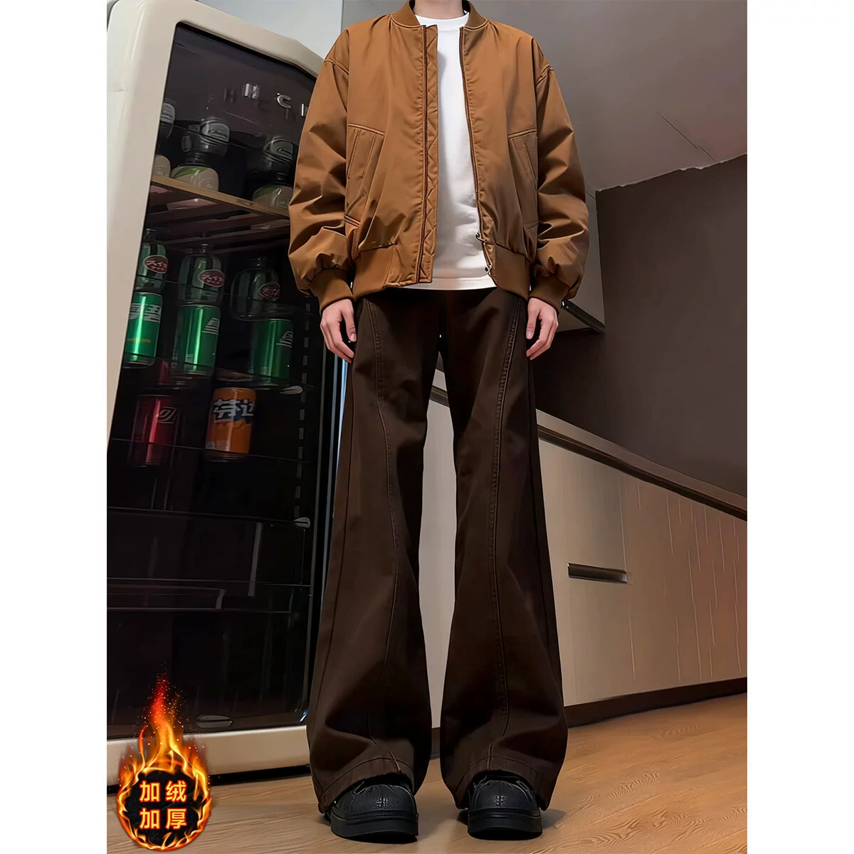 Colored fleece winter jeans, retro trousers, American style, loose straight fit