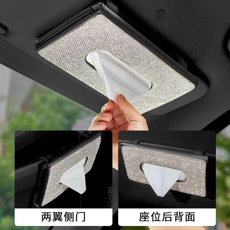Caja de pañuelos de visera de coche asiento trasero de cuero clip de tejido incrustado de diamantes de imitación de mujer de moda creativa caja de pañuelos de coche