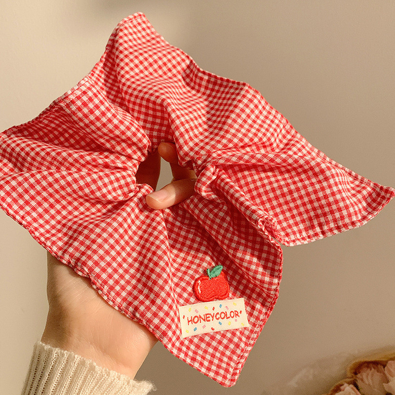 1#붉은 격자 무늬 사각형 스카프 머리끈 약 21*22cm