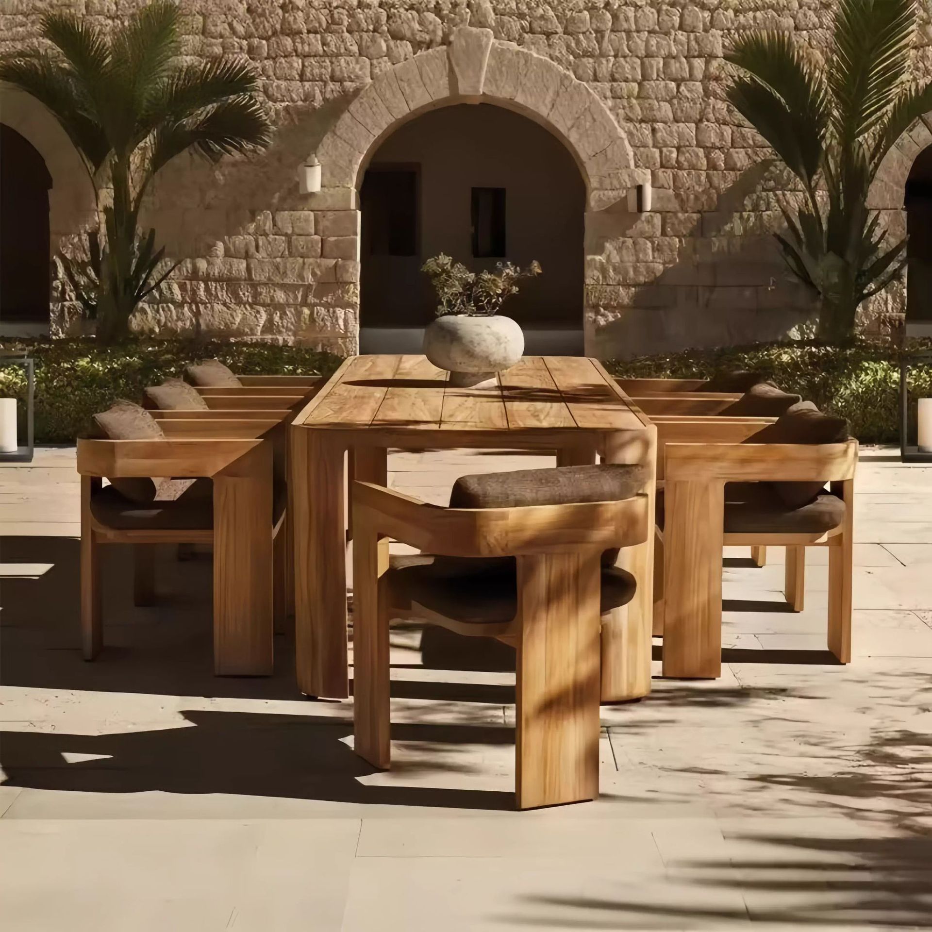 Mesa y silla de madera maciza al aire libre patio hotel impermeable al aire libre protección solar alojamiento residencial de madera mesa y silla de comedor muebles de exportación