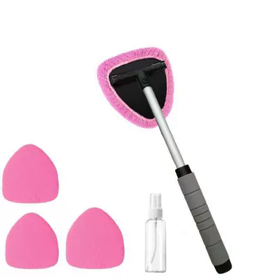 Windshield Cleaning and Defogging Brushes, Car cleaning tools - 1-set-pentagonal-sponge-telescopic-pole-4-pink-cloth-covers-spray-bottle