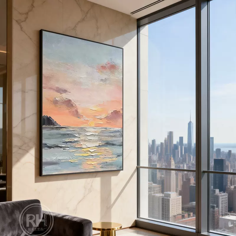 纯手绘油画肌理画日出海景客厅玄关装饰画现代轻奢挂画