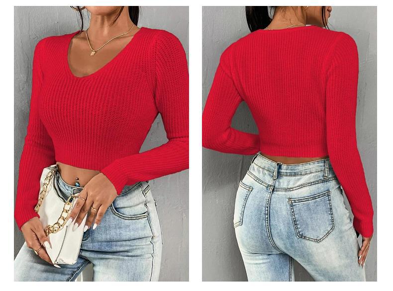 Damen Strickpullover Langarm In Pink Kurz Geschnittener Pullover_voghion.com