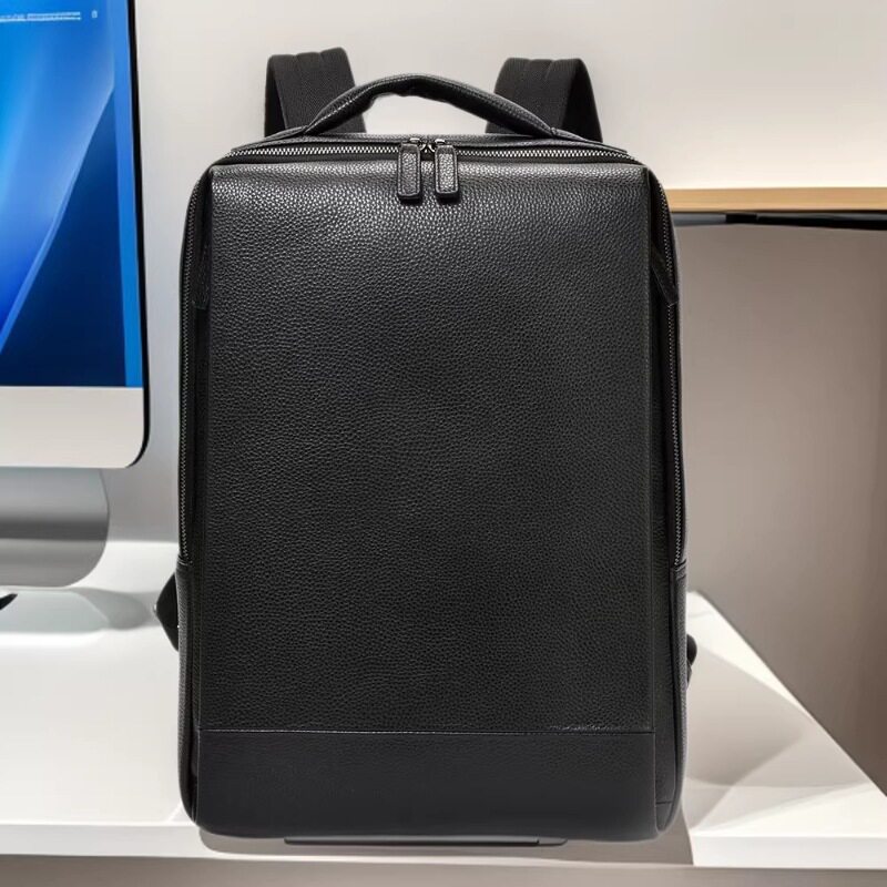 Ba lô nam da bò lớp đầu dung tích lớn đựng laptop 15,6 inch đi công tác — màu đen
