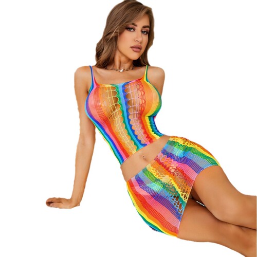 Cross-border rainbow sexy lingerie large size halter neck hip skirt dress beautiful back vertical strip sexy nightgown