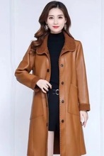 气质显瘦加绒加厚保暖妈妈外套皮衣女士中长款过膝风衣百搭皮大衣