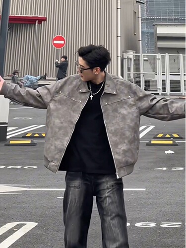 Cleanfit Gray Short-Length Leather Jacket American Grit Stylish High-End Men's Clothing Retro Collar Motorcycle Leather Jacket