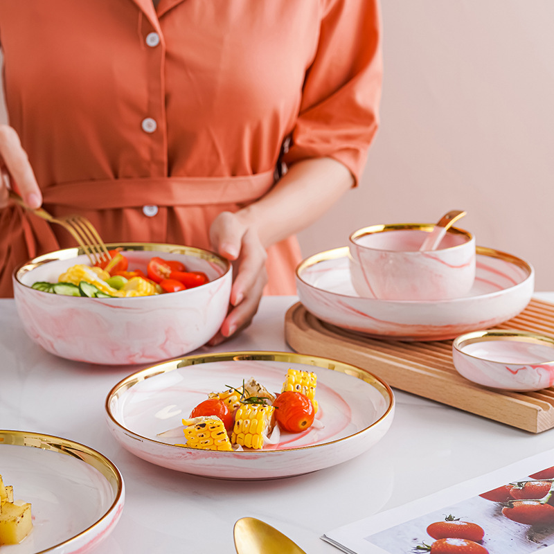 Estilo nórdico borde dorado Luz de lujo mármol cerámica tazón placa vajilla traje hogar tazón de arroz plato sopa tazón combinación