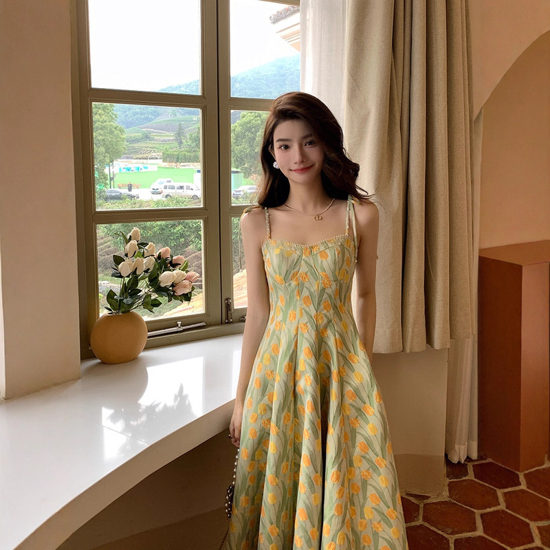 Spring New Style Suspender Travel Print Dress for Women, Fresh and Sweet, Slimming Floral Patchwork Long Dress, Girly Style Spring New Style Suspender Travel Print Dress for Women, Fresh and Sweet, Slimming Floral Patchwork Long Dress, Girly Style