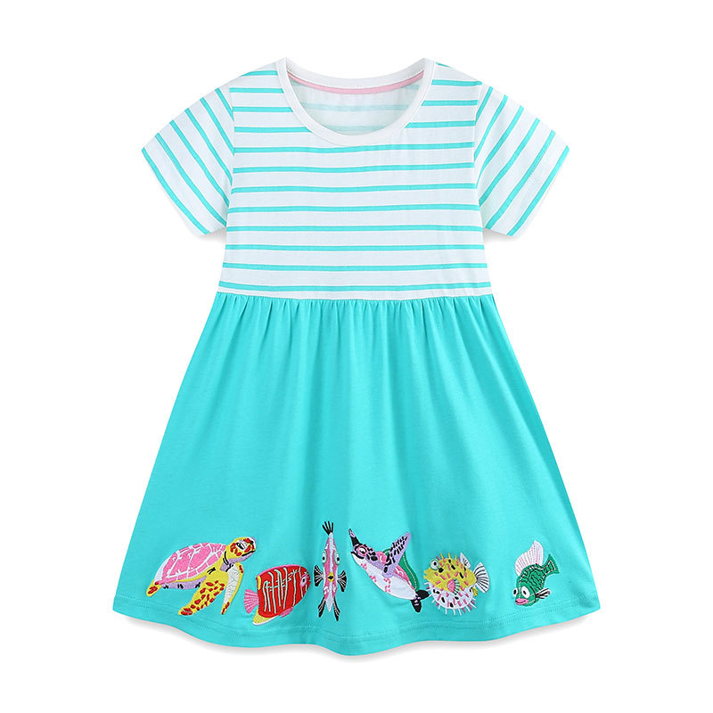 Vestido de niña de estilo europeo y americano nuevo producto de verano bordado vestido de princesa de niños de algodón de punto de cuello redondo vestido de mangas cortas