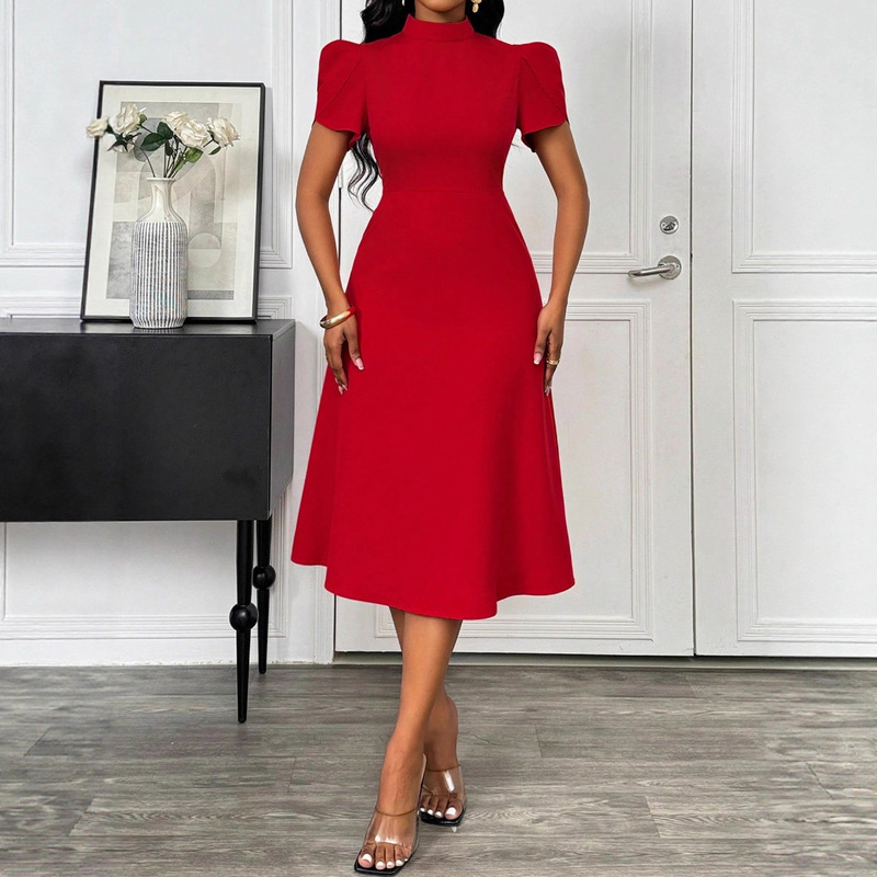 Cross-Border Aliexpress Popular Style Stand-Up Collar Back Hollow Dress Short Skirt Valentine's Day New Year Party Puff Sleeves