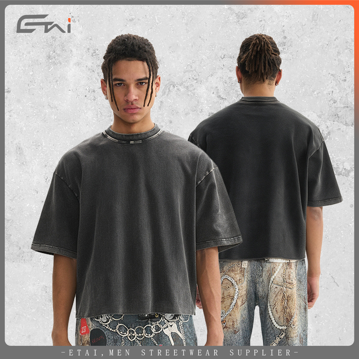ETAI Hombre| Marca de moda transfronteriza hace vieja camiseta corta ancha corta de alta calidad lavada con agua retro boxy algodón de manga corta