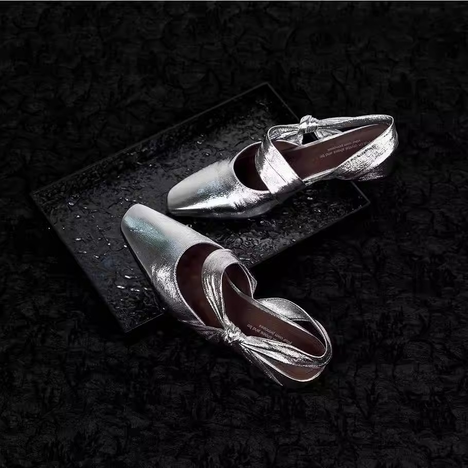 Sheepskin version ~ new design leather square head back strap thick heel sandals women's side bow retro outer wear shoes