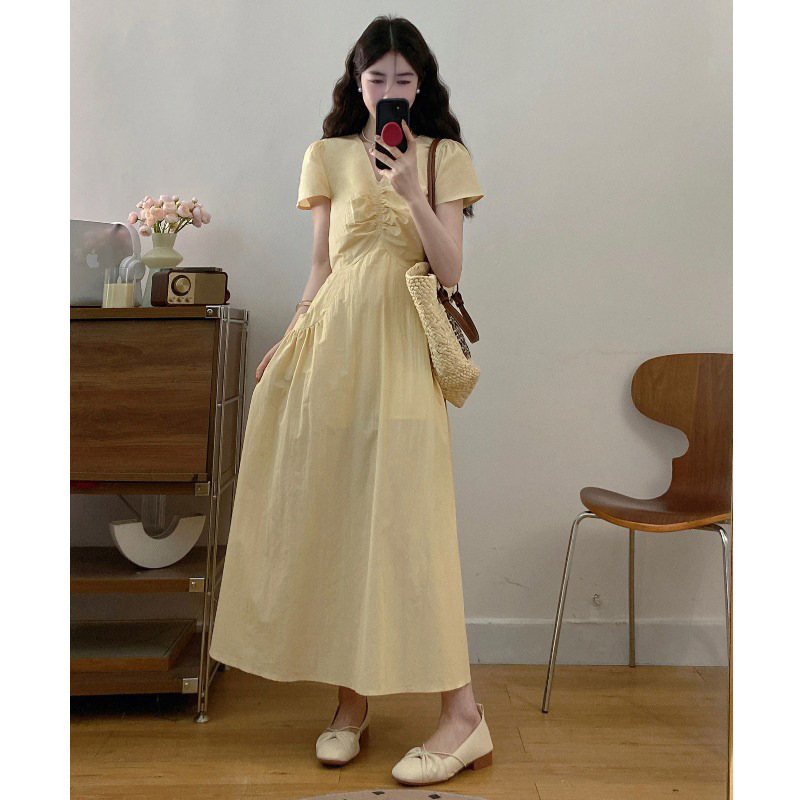 Gentle Style Yellow V Neck Right Shoulder Dress for Women 2025 Summer New Large Size Fat mm Slim Long Skirt with Flap Pocket Pantss