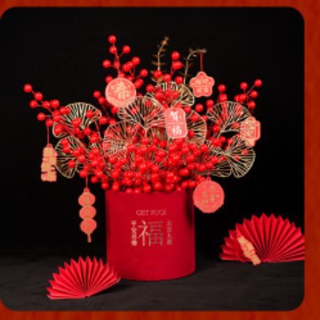 Festival de primavera decoración Víspera de Año Nuevo flor con cubo simulación de DIY acebo acabado arreglo floral cubo al por mayor regalo de la mano cubo producto terminado