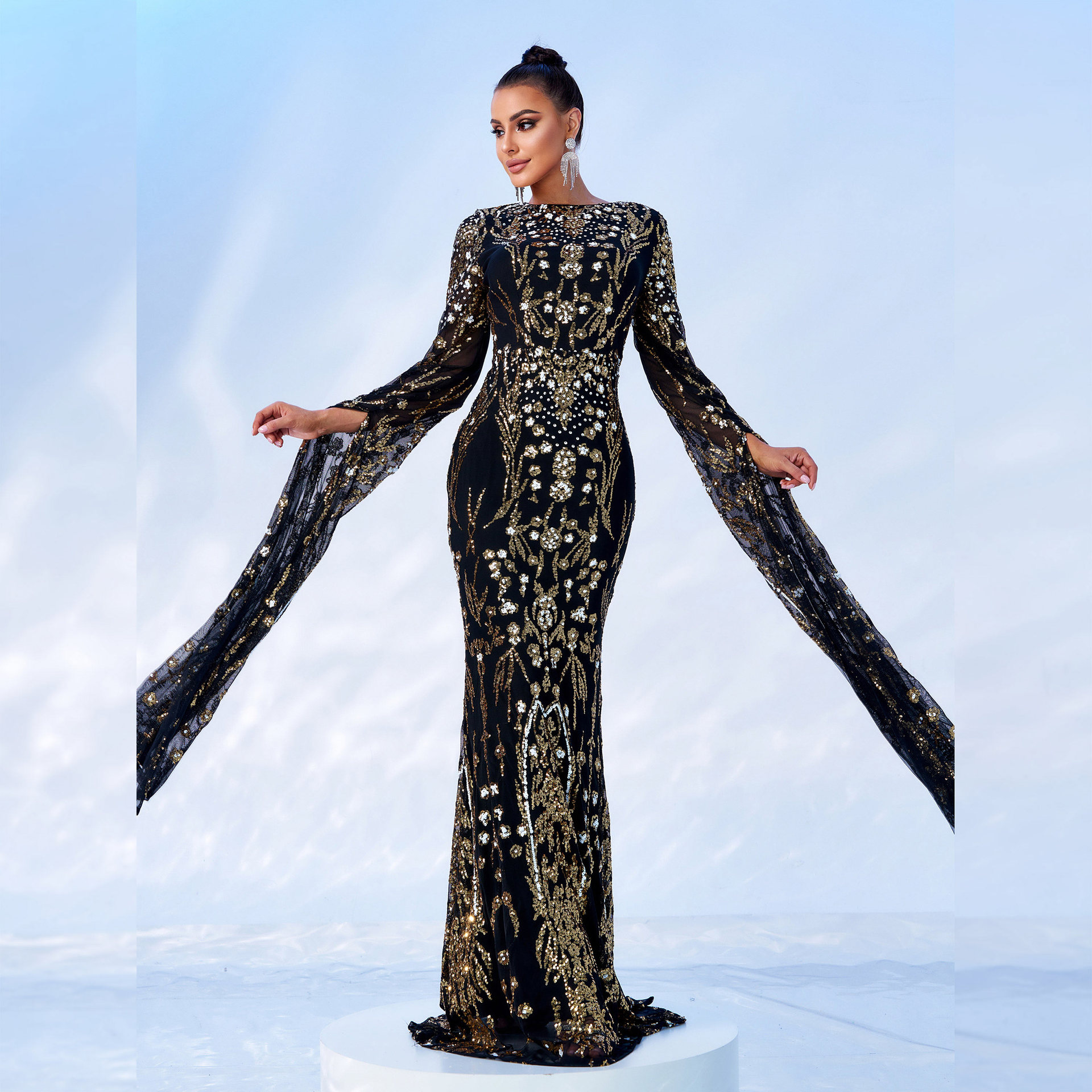 Women's Clothing ultra long sleeve temperament round neck sexy slim long sequined banquet evening dress bridesmaid dress_voghion.com