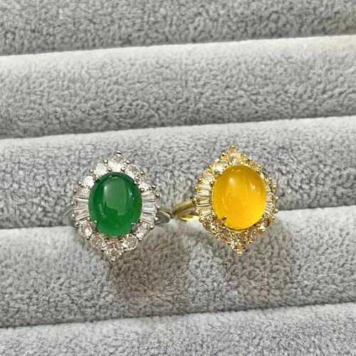 Natural green chalcedony ancient gold ring Imperial green chalcedony inlaid women's ring Blue chalcedony pink chalcedony inlaid women's ring jade