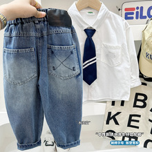 男童水洗牛仔裤2025新款儿童秋季黑标字母长裤宽松男宝宝春秋裤子
