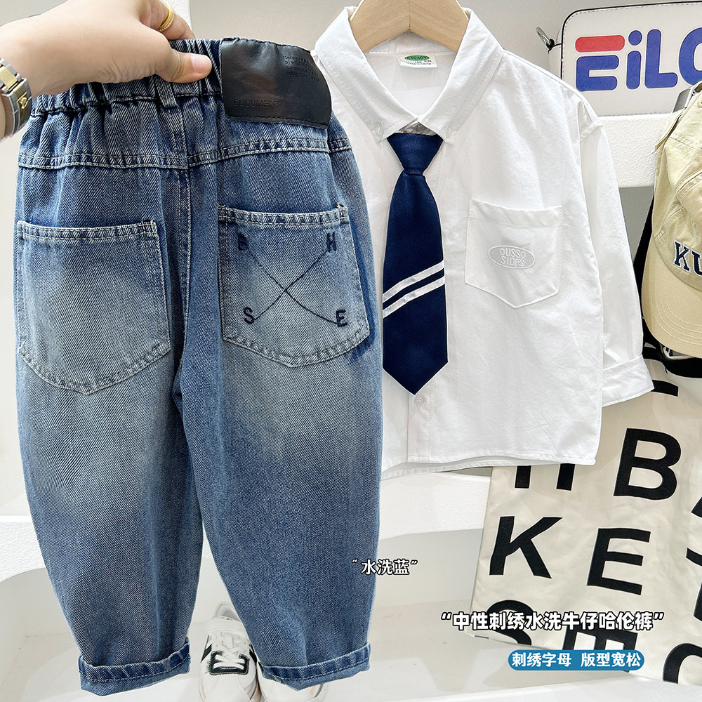 男童水洗牛仔裤2025新款儿童秋季黑标字母长裤宽松男宝宝春秋裤子