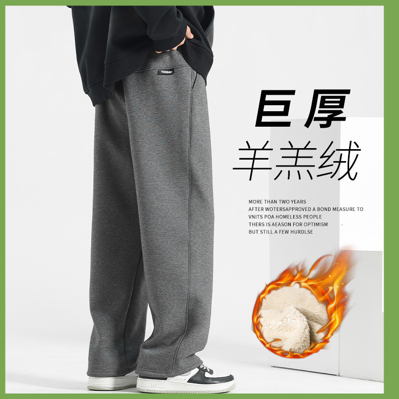 Cross-Border Fleece Pants Men's Winter 2025 New Thickeneded Cashmere Straight Pants Loose Sports Pants Autumn and Winter Wide Legs