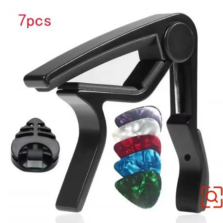 Guitar capo, wood‑grain finish, for acoustic/electric guitar and ukulele, with picks/tuner options