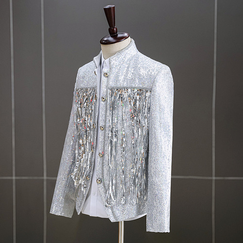 Men's silver sequins jazz dance coats male singer bang performance jackets host choir stage performance chorus sequins bar handsome suit jacket for man