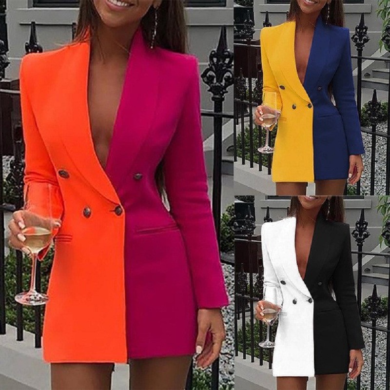 V-neck Cardigan Blazer Professional Wear For Women Patchwork Style_voghion.com