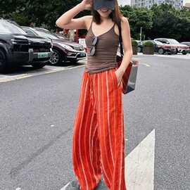 26夏季新款色织亚麻竖条裤子显瘦显高松紧腰休闲直筒裤77