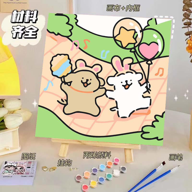 Pintura al óleo digital de bricolaje, dibujos animados para niños, pinturas para colorear hechas a mano, lindos puestos de animación curativos, comercio exterior transfronterizo