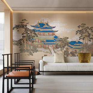 简约中式古风宫廷楼阁墙布酒店装修浮雕墙纸背景壁画饭店硬包壁纸-阿里巴巴