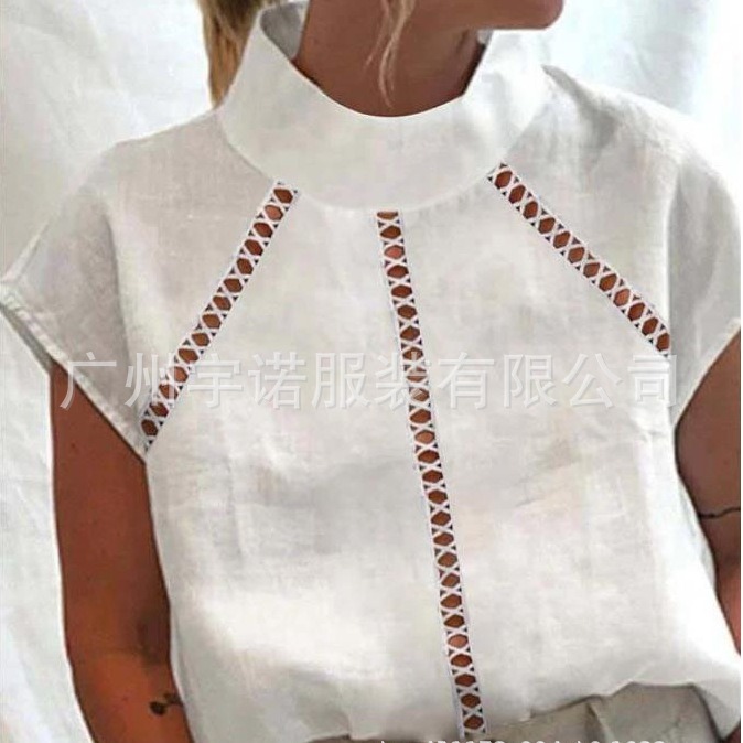 2022 Amazon europeo y americano nuevo deseo popular moda diseño hueco algodón y lino encaje manga corta Camisa de las mujeres