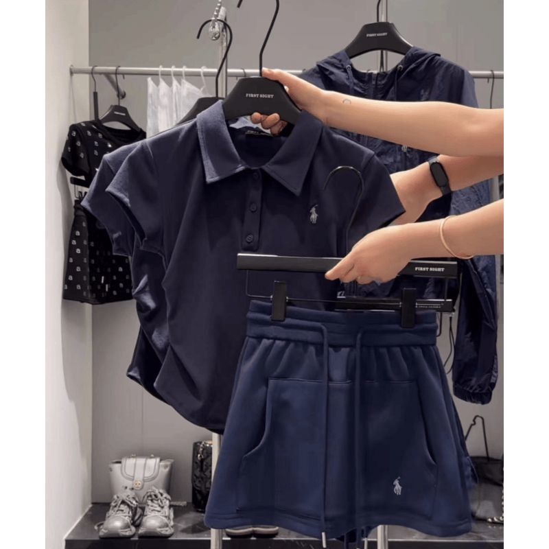 Summer New Polo Neck Embroidered Short-sleeved suit Women's Western Style Salt Wear Slimming High Waist Skirt Two-piece Set