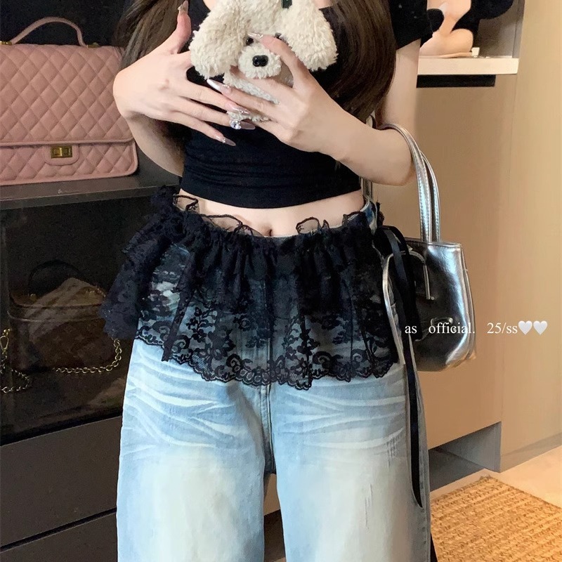 韩系叠穿白色芭蕾风蕾丝半身裙屁帘女春夏季绑带配牛仔裤遮臀短裙|undefined