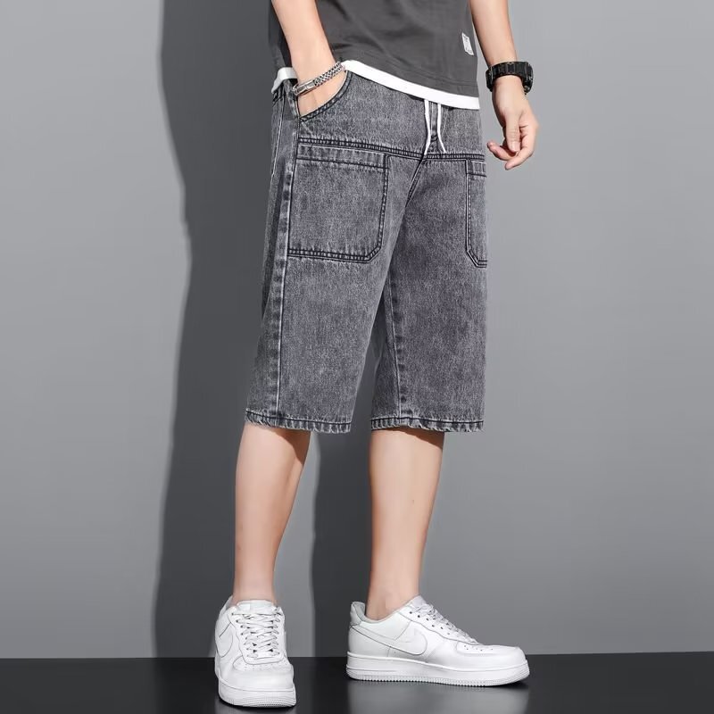 Multi-Pocket Denim Shorts Men's Elassible Waist Pants Summer Clothes Loose Casual Personality Trendy Straight Large Size Cropped Pants