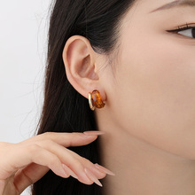 铜镀金镶树脂琥珀色复古风耳钉仿高透亮宝石文艺范几何通勤耳环女